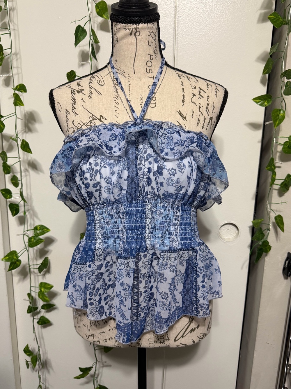 Blue Floral Halter Ruffle Smocked Women’s Top